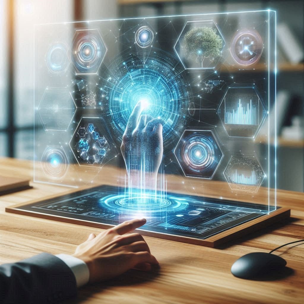 Guía Definitiva: 7 Claves para Disparar tu Productividad con IA 2 Emprendedor utilizando herramientas de IA en una interfaz circular para optimizar su flujo de trabajo.