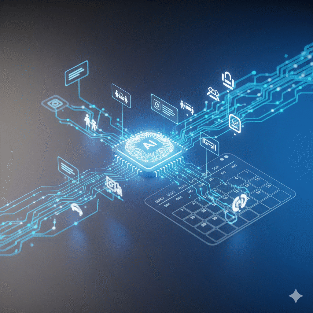 Las 5 Mejores Apps de IA para Gestión del Tiempo (Optimiza tu Agenda en 2025) 3 Visualización de cómo la IA automatiza y optimiza una agenda, organizando tareas y bloques de tiempo.