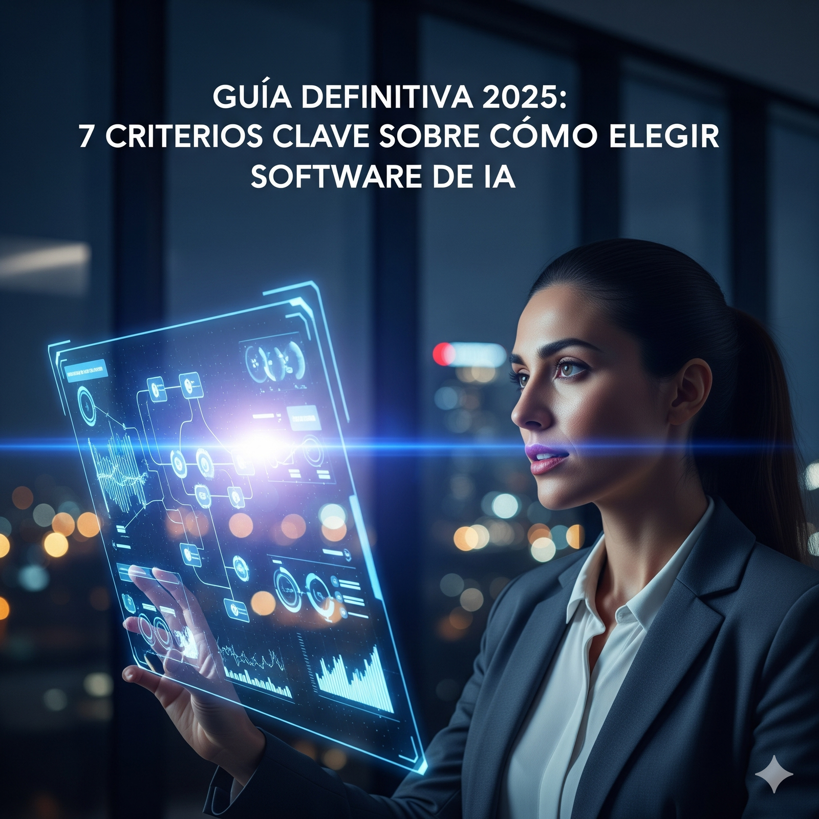 Una emprendedora analizando 7 criterios clave sobre cómo elegir software de IA en una interfaz holográfica futurista.