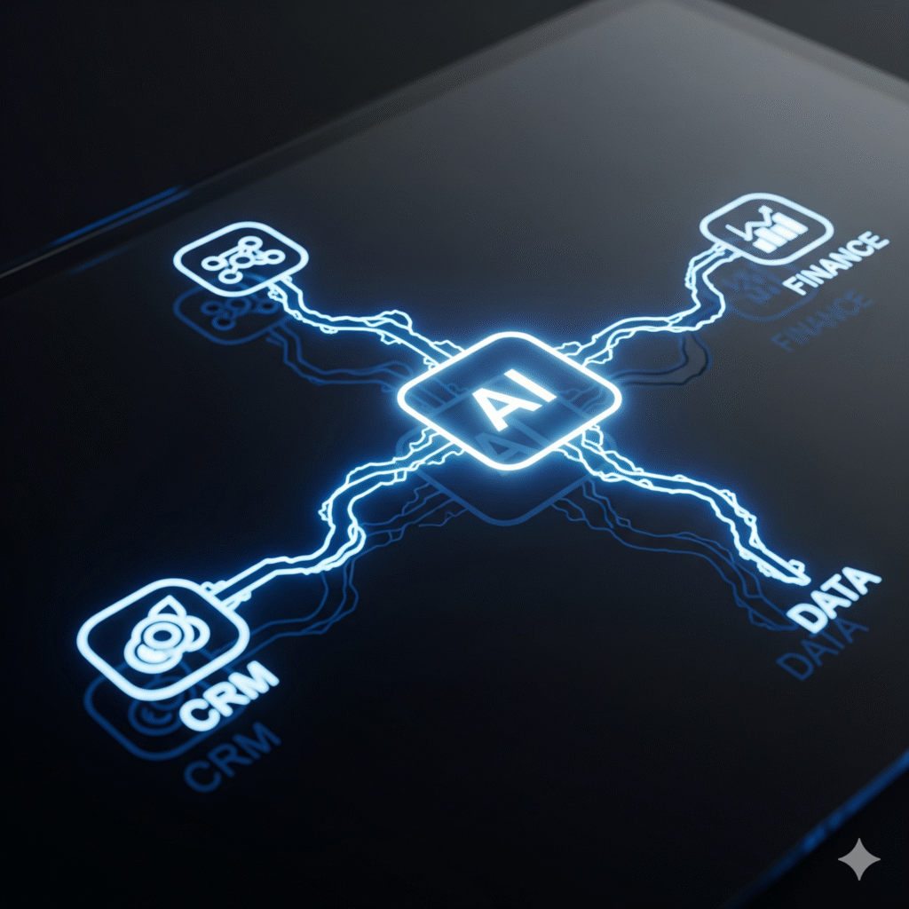 Guía Definitiva 2025: 7 Criterios Clave sobre Cómo Elegir Software de IA para tu Negocio 3 Diagrama de un ecosistema de software mostrando la integración de la IA (nodo central) con el CRM y las finanzas de una empresa.