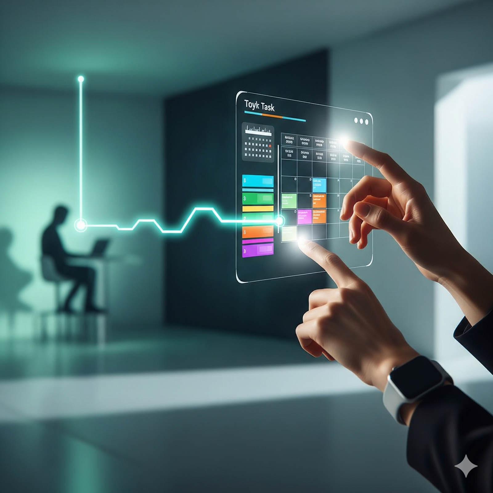 Manos usando una app de IA para gestión del tiempo en una interfaz holográfica para optimizar la agenda y productividad.