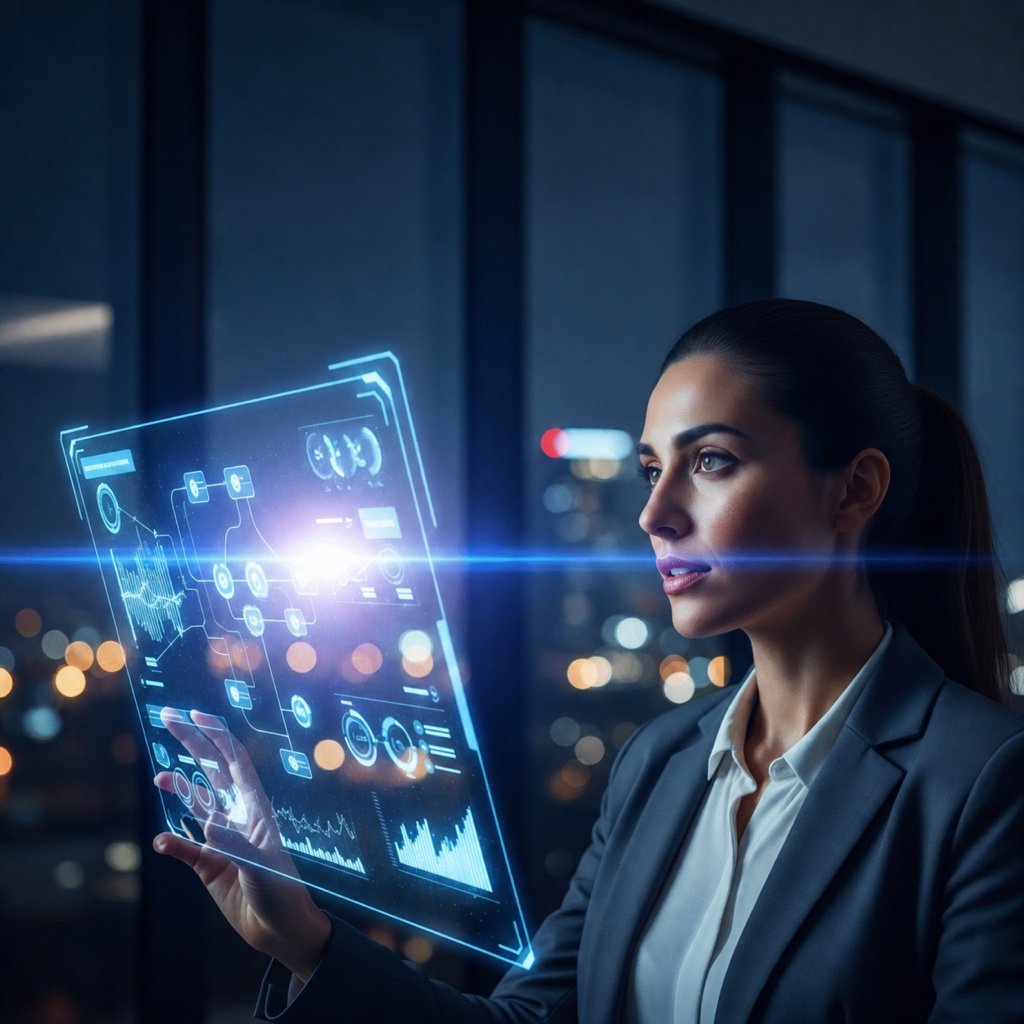 Profesional evaluando software de IA para empresas en una interfaz digital, sin texto incrustado.