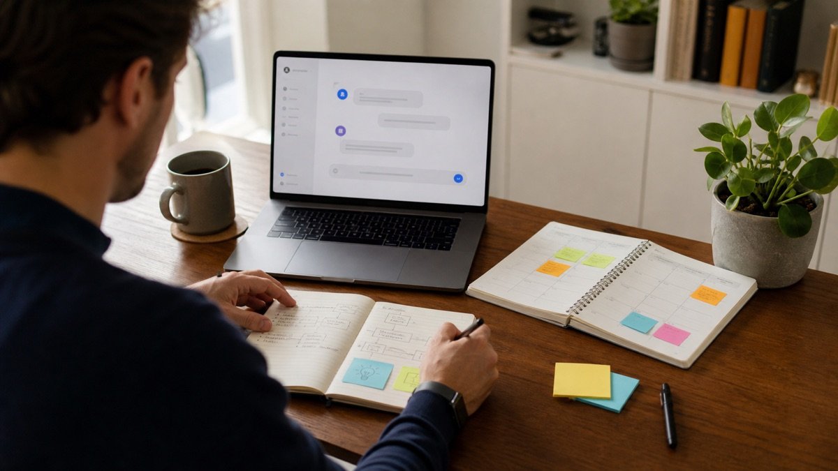 Profesional organizando tareas, proyectos y decisiones con un sistema personal apoyado por IA.