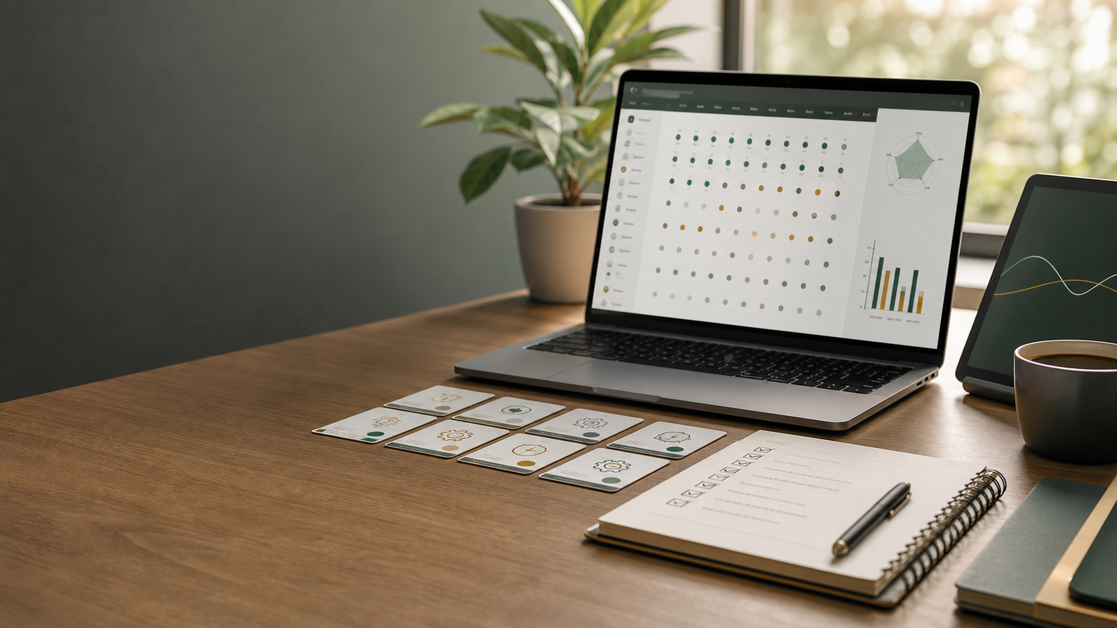 Mesa de trabajo profesional con matriz digital para evaluar herramientas de IA y productividad antes de recomendarlas.