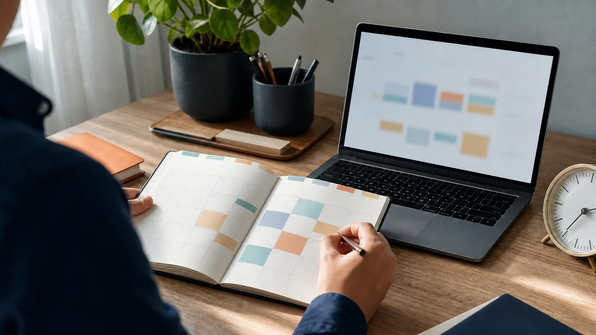 Profesional comparando una planificación semanal en papel con un calendario digital antes de elegir una app de IA.